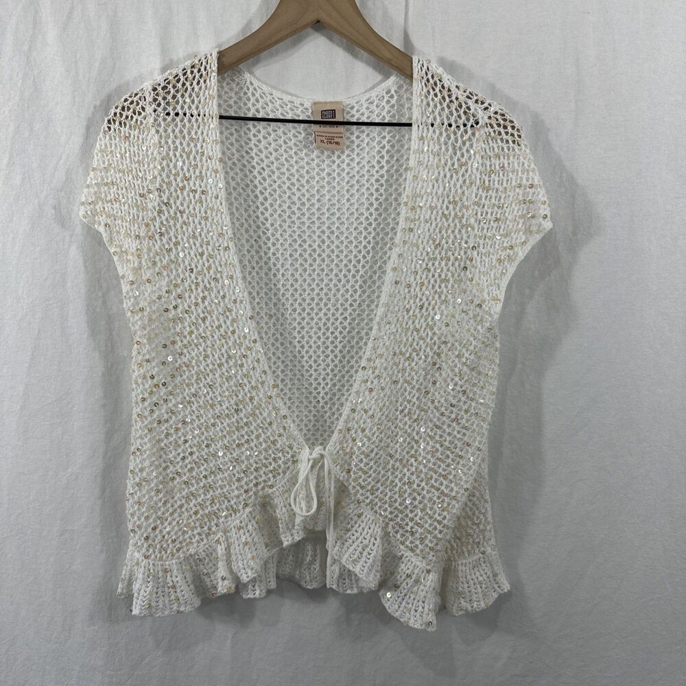 Faded Floral White Open Knit Sequin Tie Front Cardigan Top Womens Sz XL Y2K Glam